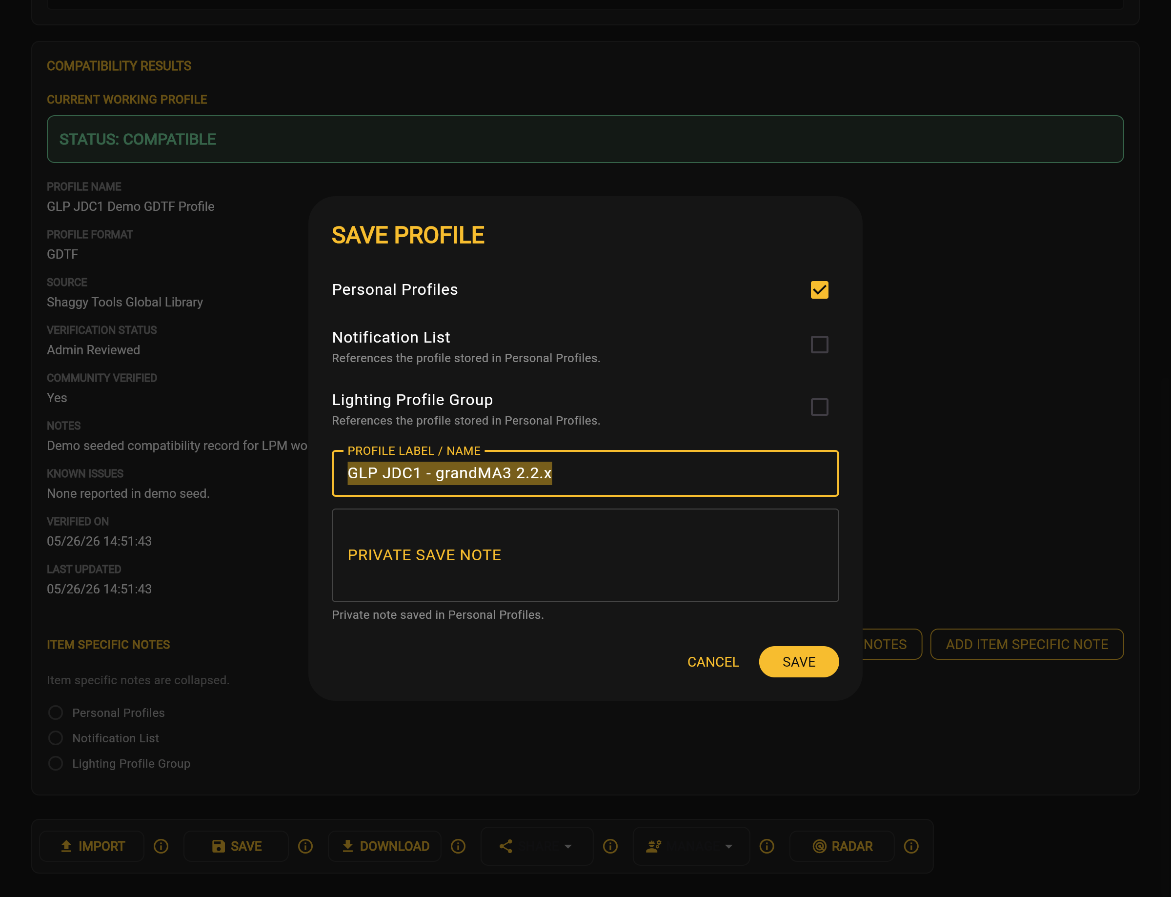 Save Profile dialog immediately after opening, before user entry