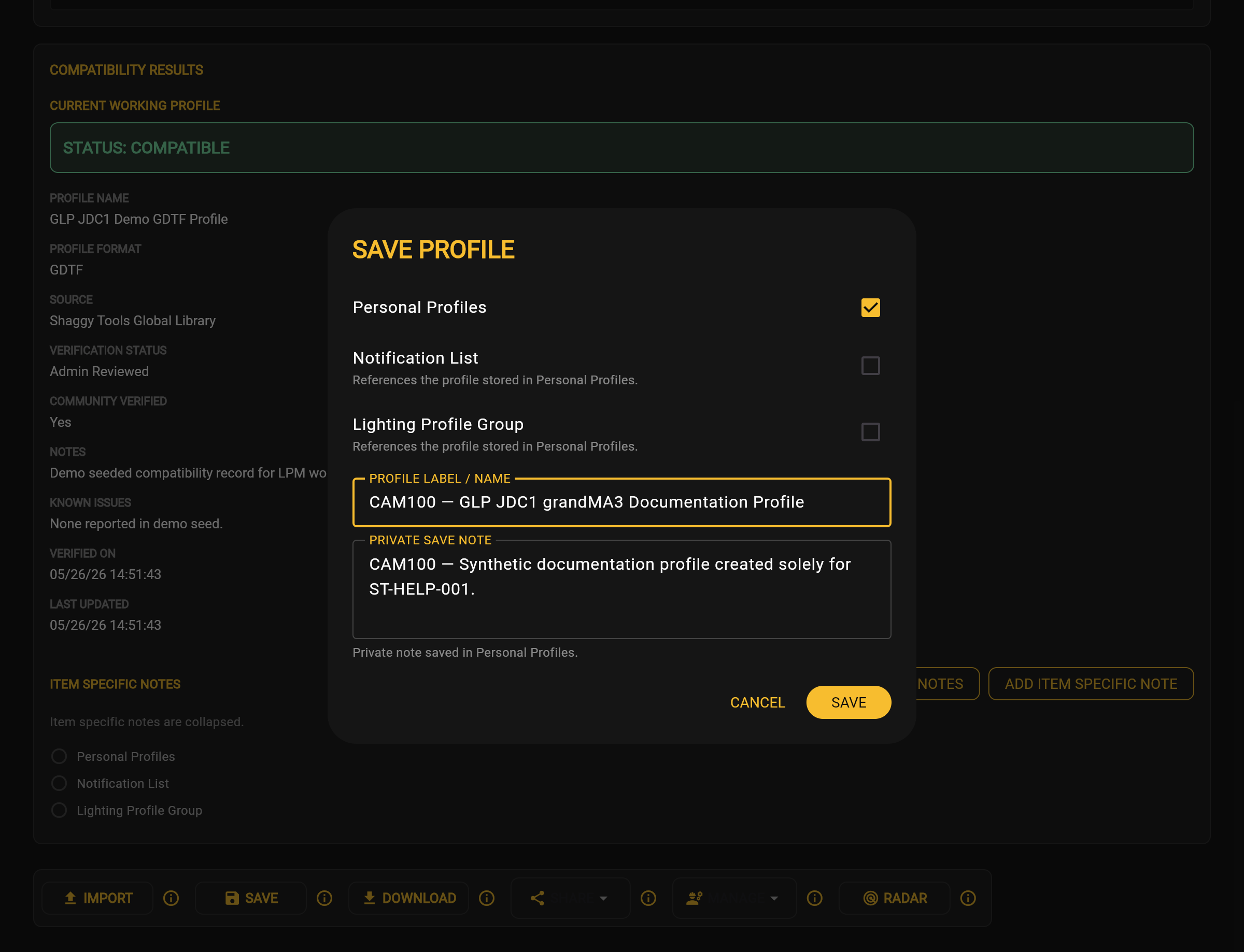 Completed Save Profile form before submission