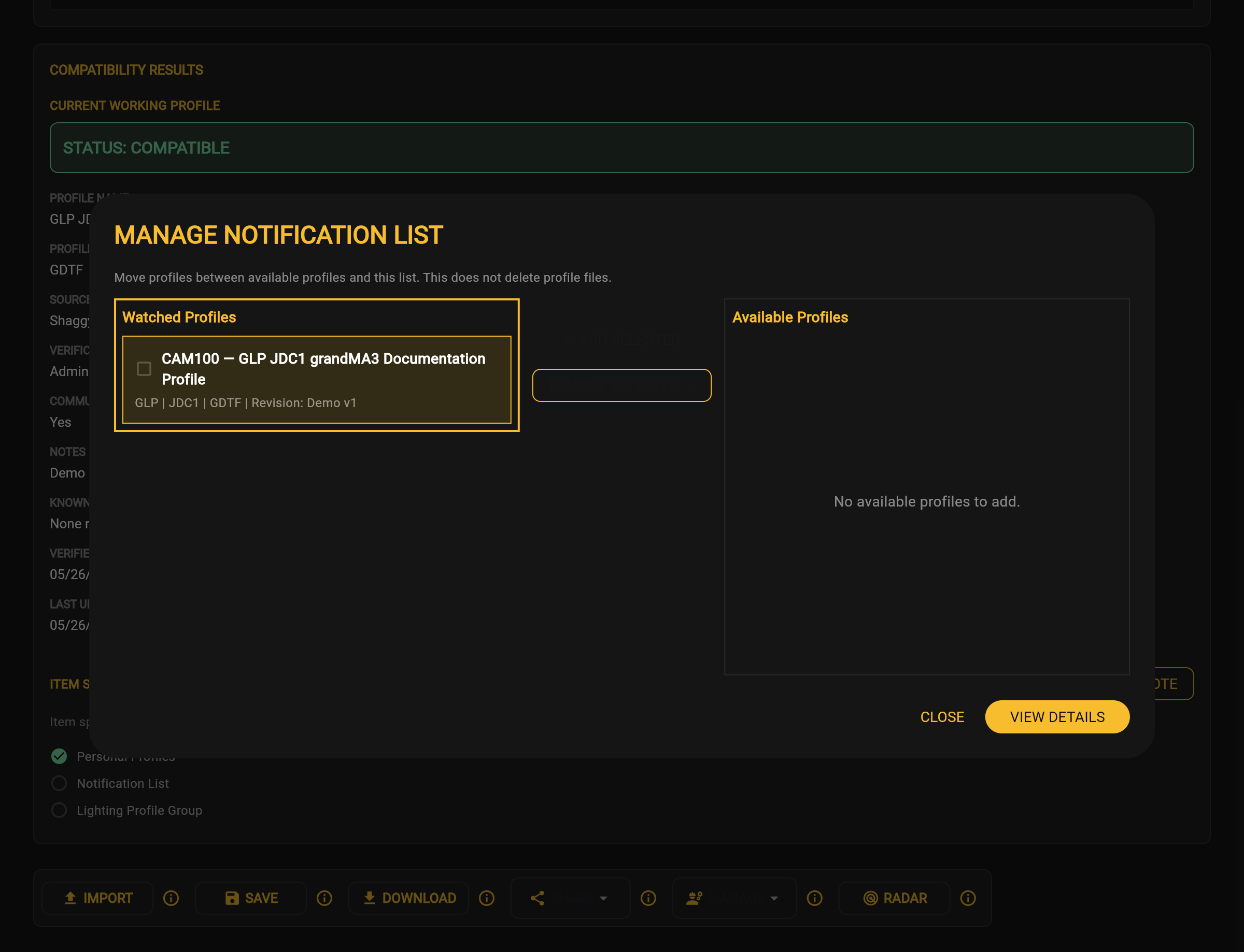 Notification List profile selected