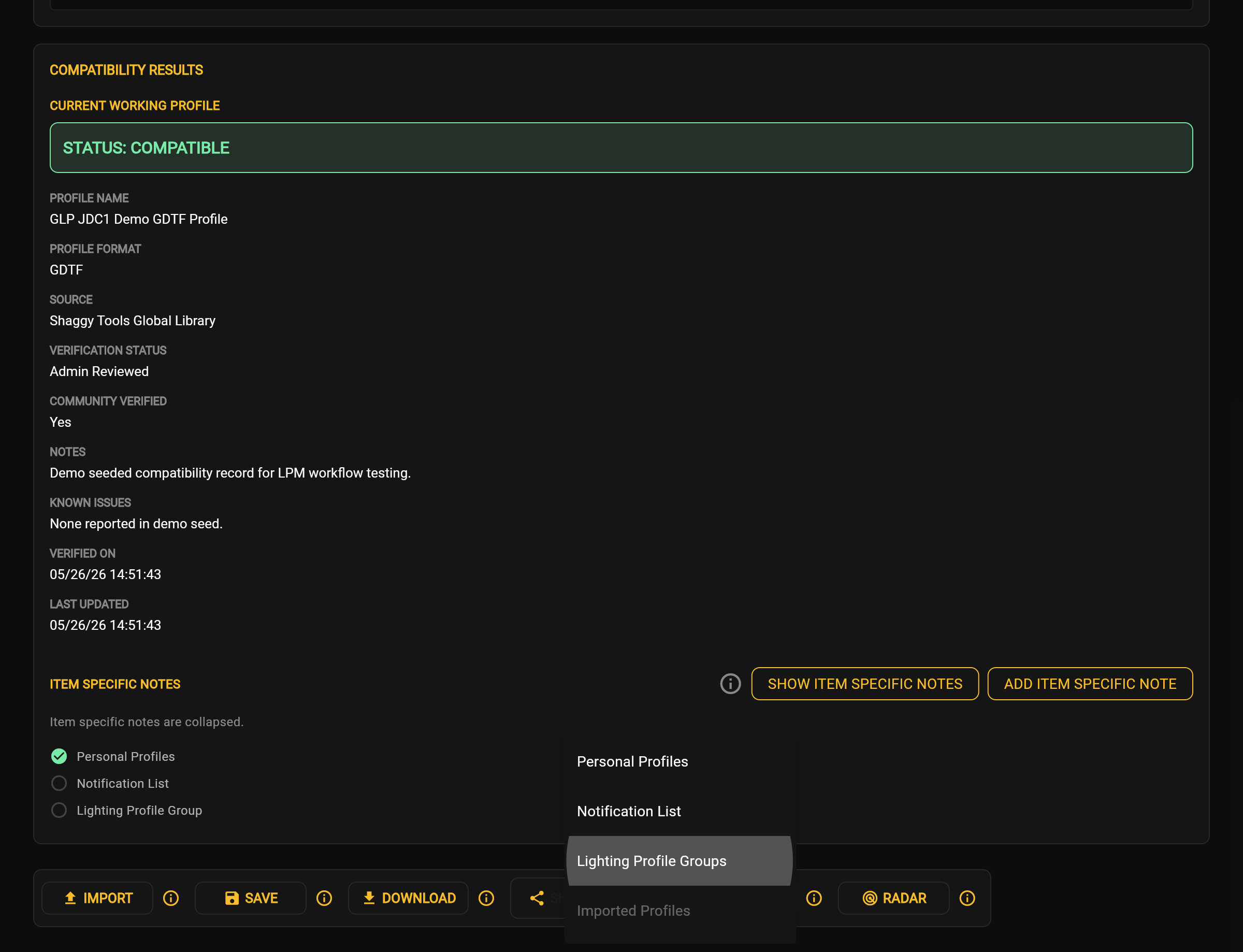 Lighting Profile Groups selected from Manage